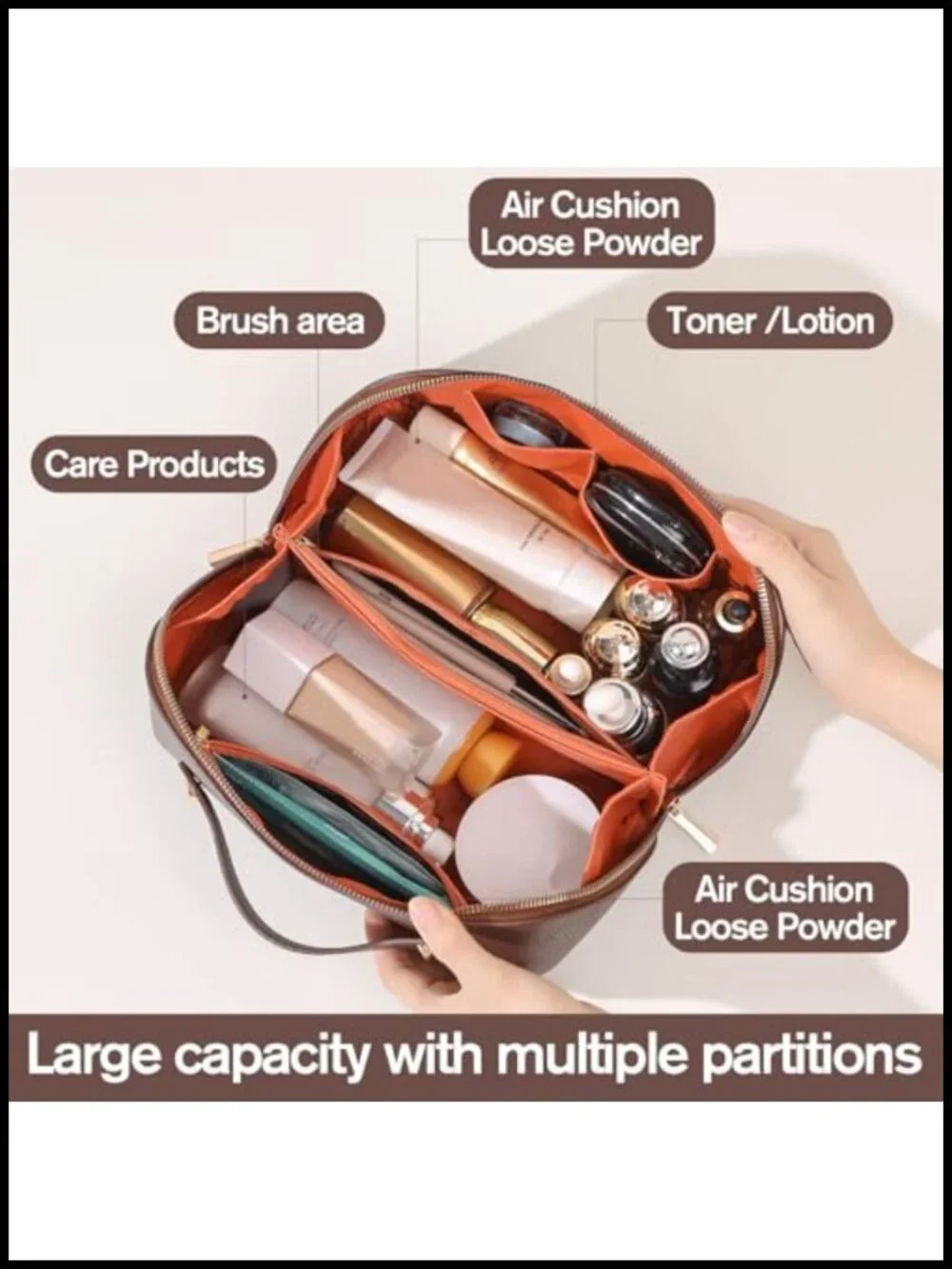 Structured PU Leather Makeup Bag for Women, Travel Cosmetic Organizer with